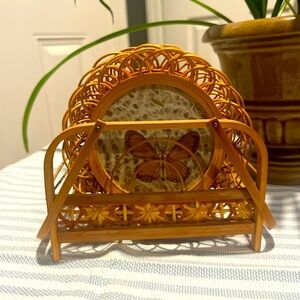 Set Of 6 Vintage Butterfly Coasters Bamboo Rattan with Caddy Holder Boho Decor